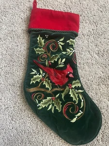 20 In. Christmas Stocking Red Bird Cardinal Needlework Red Green Velvet Velour - Picture 1 of 3