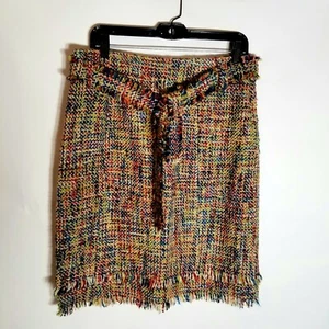 Oscar De La Renta Skirt Women's 10 Rainbow Tweed Fringe Tie Waist Side Zip Wool - Picture 1 of 5