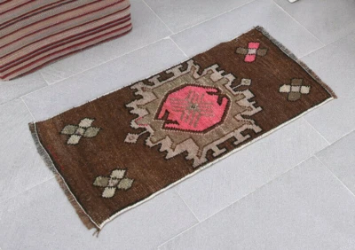 Alfombra tradicional vintage anudada a mano 1x3 alfombra marrón oriental Foto 1 de 4