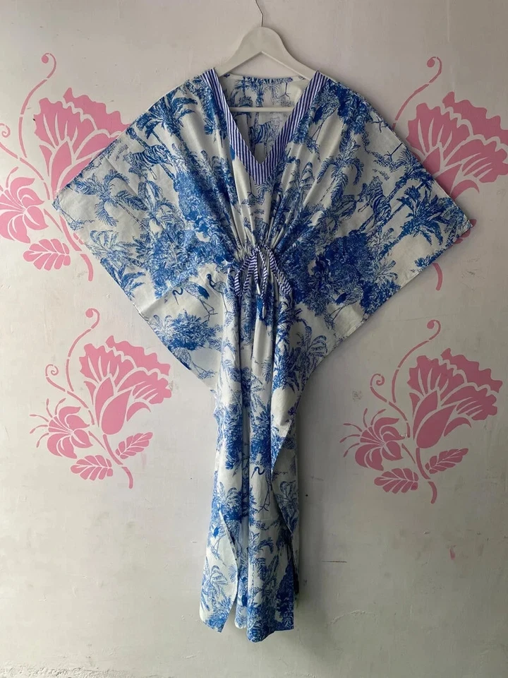 Maxi Vestido Caftán Playa Larga 100% Algodón Indio Vintage Talla Única Caftán Kimono Foto 1 de 4