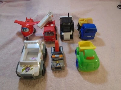 Lot Of 7 Construction Toy Equipments Dump Trucks, Fire Truck, Safari, Airplane - Image 1 of 4