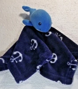 Lovey Blanket Blankie Blue Anchors Whale Plush Soft Nautical Security Baby - Picture 1 of 5