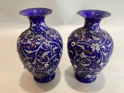 Pair Vintage / Antique Blue Enamel on Copper Cloisonne Minakari Decorated Vases Foto 1 de 4