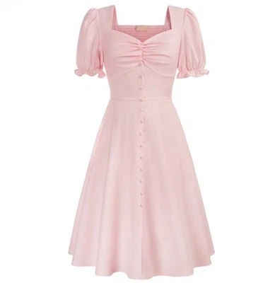 Belle Pogue 50’s Style Swing Dress Size S Pink Sweetheart Neck Puff Sleeve - Image 1 of 4