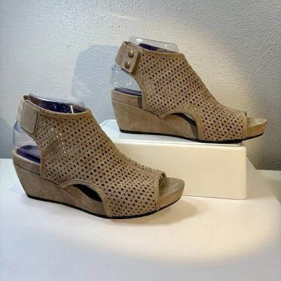 Vaneli Taupe Perforated Suede Leather Wedge Sandals Peep Toe Slingback sz 8.5M - Image 1 of 4