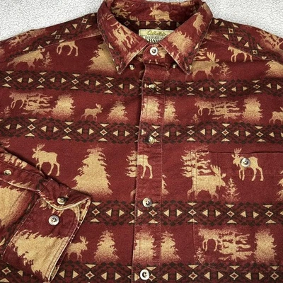 Cabela's Shirt Mens Large Tall Burgundy Deerskin Soft Chamois Moose Print Cabin - Image 1 of 4