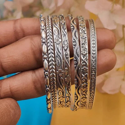 Hammered Set of 7 925 Sterling Silver Bangles for Women Stacking Bracelet RR12 - Image 1 of 4
