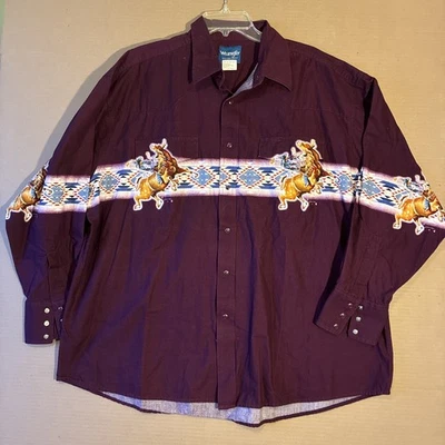 Wrangler Pearl Snap Shirt 2X XXL Maroon Aztec Rodeo Bull Riding Cowboy Western - Image 1 of 4