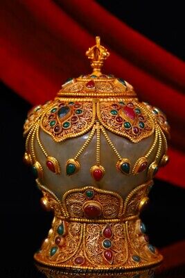 Tibet Buddhism Crystal Silver Gilt Filigree Tessellation Gem Crock Tank Pot Jar • 527.80£