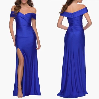 NEW LA FEMME Royal Blue SATIN Ruched OFF THE SHOULDER Stretch Jersey GOWN 00 - Image 1 of 4