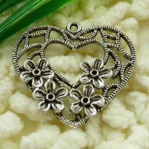 69 Pcs Tibetan Silver Flower Heart Charms 34X32MM S1517 DIY Jewelry Making - Picture 1 of 6