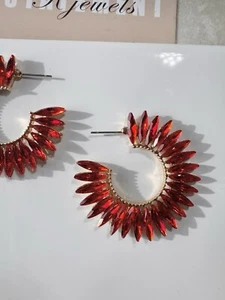 STATEMENT Large Gold Plated Chunky Big Drop Boho Hoops Stud Earring Boho Crystal - Picture 1 of 8