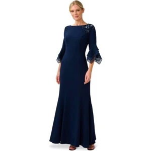 Adrianna Papell Women's Sz.14 BEADED CREPE LONG FIT-AND-FLARE GOWN MIDNIGHT NWT - Picture 1 of 10