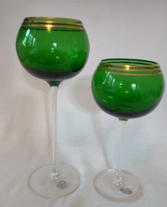 Set/2 Long Stemmed Rogaska Green w/Gold Crystal Balloon Candle Holders or Wines - Picture 1 of 8