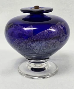 Hand Blown Cobalt Blue Art Glass Iridescent Gold 4 ½” Pedestal Oil Lamp - Picture 1 of 7