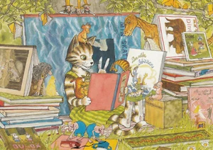 Postal: Nordqvist - Findus lee - Findus y los libros - Imagen 1 de 1