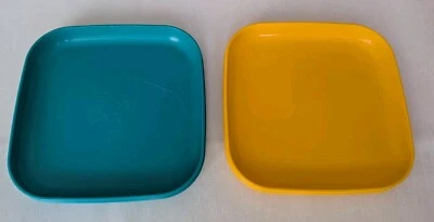 Tupperware 2 quadratische Picknick-Teller,Serviertabletts,gelb+grün,Rarität,gebr - Bild 1 von 4