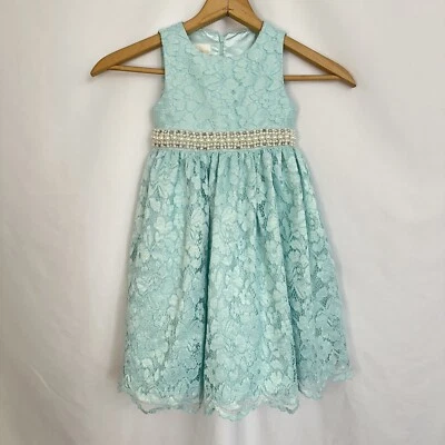 American Princess Dress Girls 5 Lace Pearl Beaded Classic Belted Back Blue - Image 1 of 4