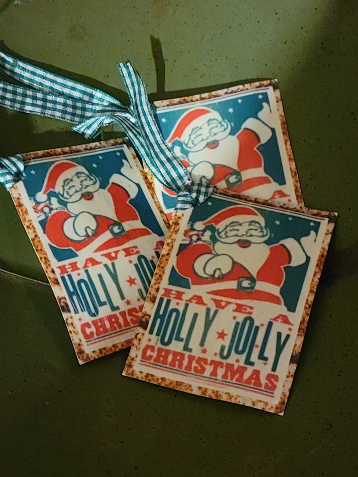 6 Primitive Merry Christmas Santa Gift Hangtags Handcut, Handpunched & Sealed - Image 1 of 3