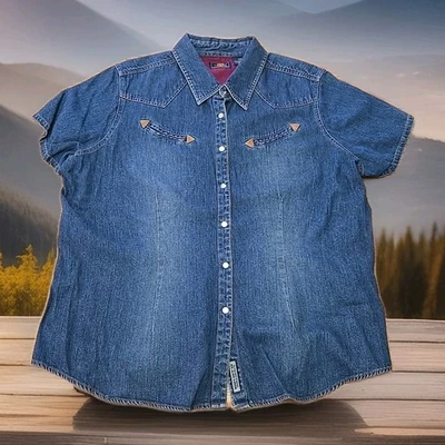 Route 66 Vtg Denim Pearl Snap Shirt  Womans Size 22W Western Rockabilly  - Image 1 of 4