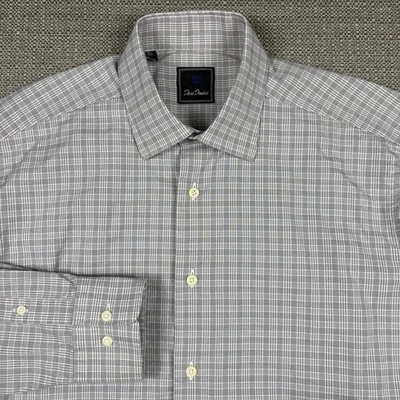Camisa para hombre David Donahue 16 manga larga gris blanco vestido a cuadros ajuste algodón Foto 1 de 4