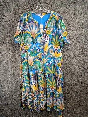 Vestido Nanette Lepore Midi Para Mujer Talla 2XL Azul Verde Floral En Niveles Botón Delantero Foto 1 de 4