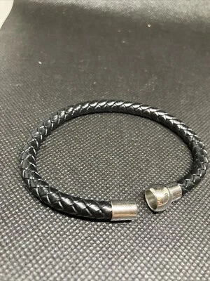 Woven Faux Leather Black Bracelet with Stainless Steel Magnetic Buckle #434 - Image 1 of 4