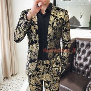 2PCS Mens Lapel Floral Print Suit Coats Vest Jacket Suit Pants Formal Dress Sets - Picture 1 of 14
