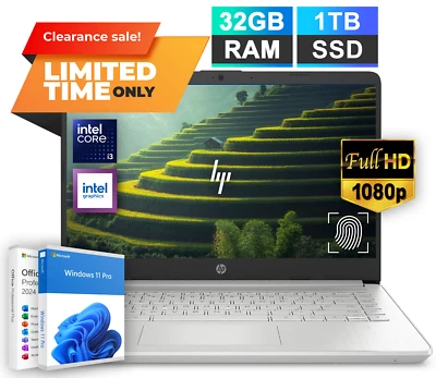 HP 14 Laptop Computer Lifetime Office Intel i3 32GB RAM 1TB SSD Fingerprint Pro - Image 1 of 4