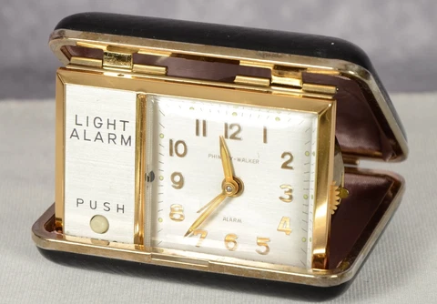 Vintage Phinney Walker Folding Travel Wind Up Alarm Clock w/ Light Leather Case Cover