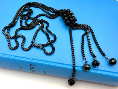 Collar Lariat Anudado Cadena Doble Caja Negro Borla Extremos Cuentas Acentos 30" Foto 1 de 4