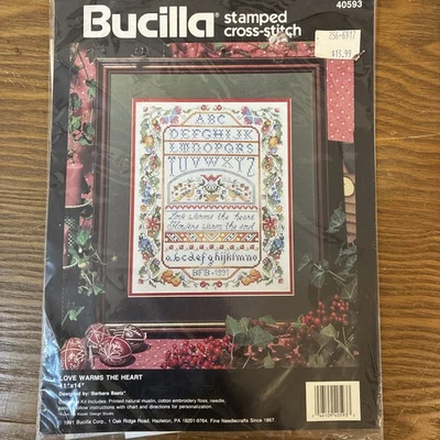 Bucilla Stamped Cross-Stitch 1991 Sampler Love Warms The Heart 40593 11” x 14” - Image 1 of 4