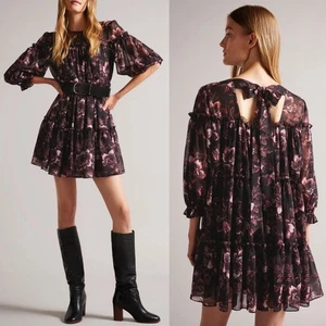 Ted Baker Barnabe Tie Open Back Floral Tiered Mini Swing Dress Black sz 5 12 NWT - Picture 1 of 13