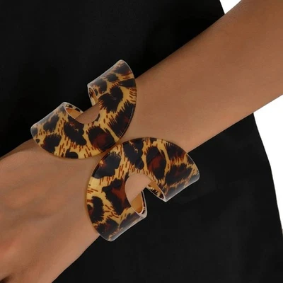 Tribal Brown Leopard Print Wrap Loop Design Gold Plated Hinged Cuff Bracelets - Image 1 of 4