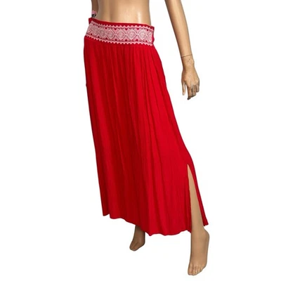 Maxi Falda Arrugada Mujer M Roja Plisada Crochet Ribete Boho Pradera Occidental Foto 1 de 4