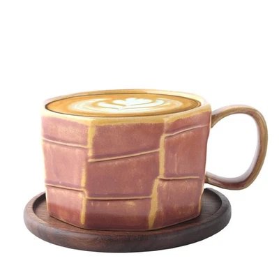 Taza de té de café de cerámica con platillo de madera de nogal negro natural transformador de horno... Foto 1 de 4