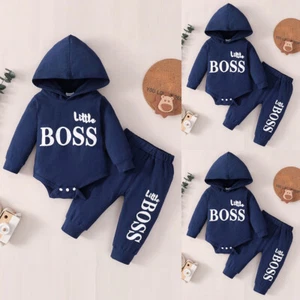 Little Boss Newborn Baby Boys Tracksuit Hooded Romper Pants Outfits Clothes Set - Picture 1 of 12