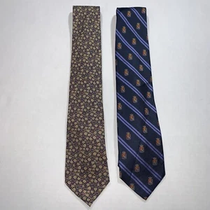 2-Pack Black & Brown 1826 Silk Neck Ties, Floral and Striped Pattern Blue/Yellow - Picture 1 of 4