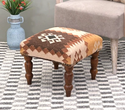 Handcrafted Acacia Wood Stool | Decorative Kilim Upholstered Pouf Footstool - Image 1 of 4