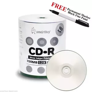 100 discos imprimibles buje de inyección de tinta plateados Smartbuy 52X CD-R 700 MB + marcador fino negro - Imagen 1 de 4