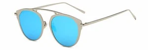 86046 C6 ROUND CAT FASHION SUNGLASSES METAL SILVER FRAME BLUE MIRROR LENS - Picture 1 of 3
