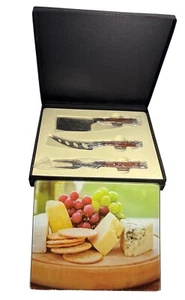 Cheese Board Set 3 Stainless Steel Knives Decorative Glass Cutting Board Gift Bo - Picture 1 of 9