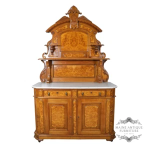 Antique Victorian Renaissance Burl Walnut Marble Top Carved Sideboard #22165 - Picture 1 of 13