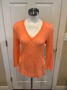 Lauren Ralph Lauren Orange 100% Linen Thin Cable Knit V-Neck Sweater, Size Small - Picture 1 of 6