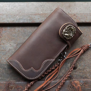Biker long Wallet chain Genuine Leather Brown brass koi fish japanese tattoo men - Picture 1 of 12