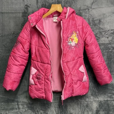 Casaco acolchoado Disney princesa meninas tamanho 7/8 rosa com capuz forrado brilhante - Imagem 1 de 3