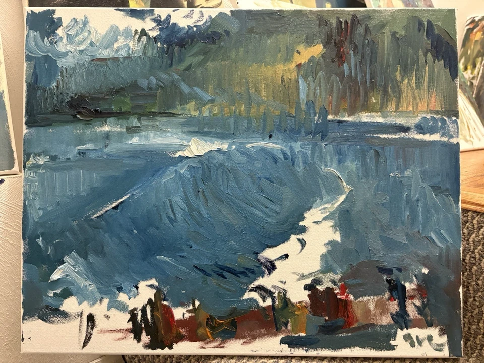 Paisaje marino y figuras pintura al óleo cubista original firmada 16x20 Foto 1 de 1