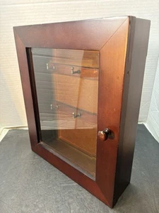 10X12” Brown Finish Wood Glass Door 6 Key Holder Cupboard Cabinet Wall Or Stand - Picture 1 of 11