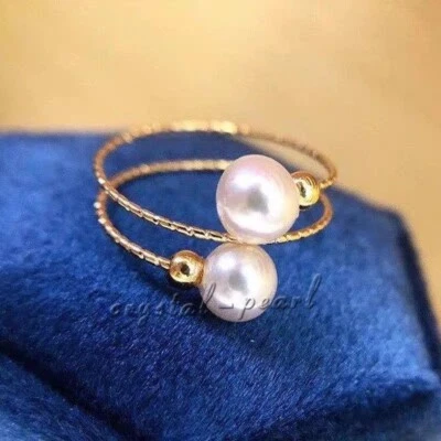 Impresionantes Anillos AAA+ 8-7mm Natural Akoya Blanco Redondo Perla Elasticidad Oro 14k Foto 1 de 2