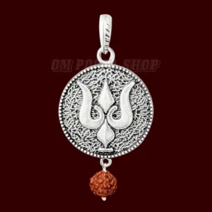 Trishul Coin Rudraksha Pendant in 925 Pure Silver Shiva Locket OmPoojaShop - Picture 1 of 2